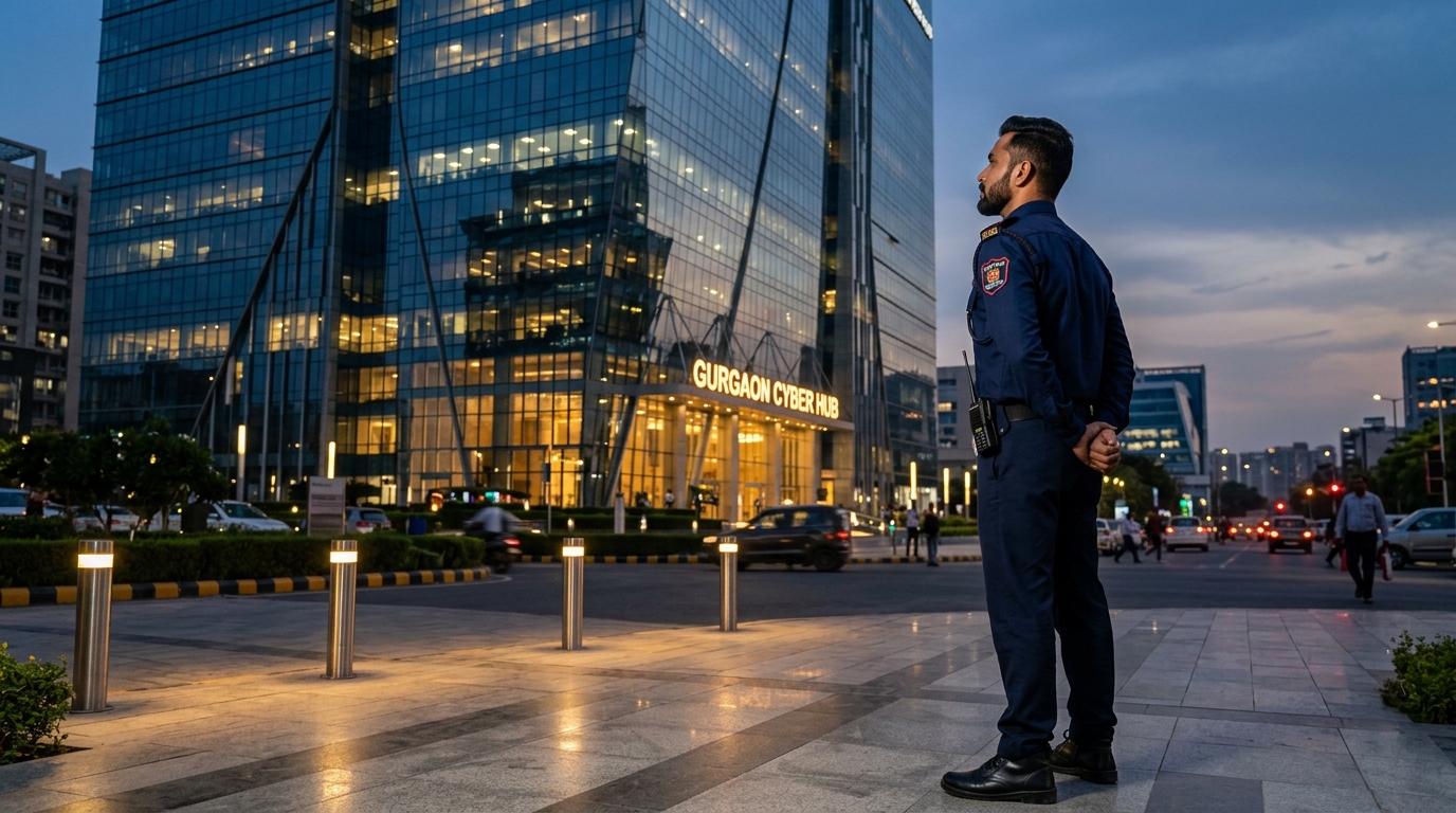 TS5 Secure Professional Guard standing vigilant before modern corporate facility in Delhi NCR